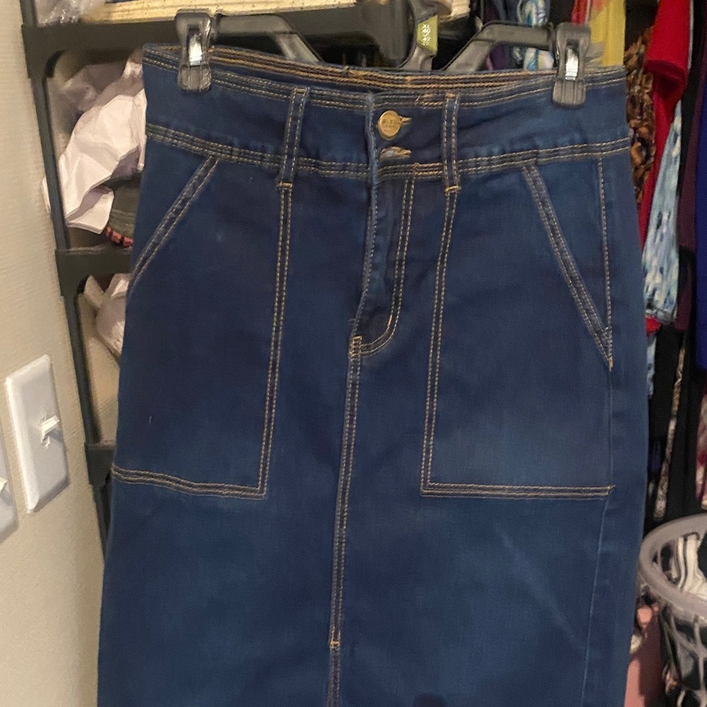 Classic Blue Denim Midi Skirt